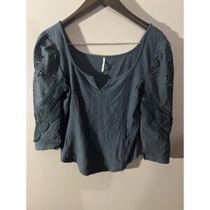 Free People Black Puff Sleeve Crop Blouse